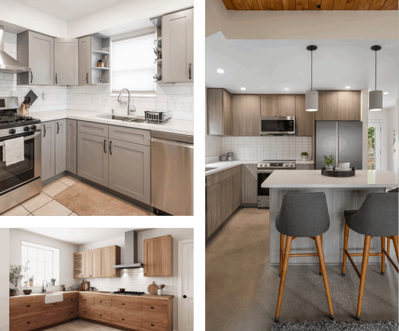 Modern kitchen interiors with various cabinet styles.