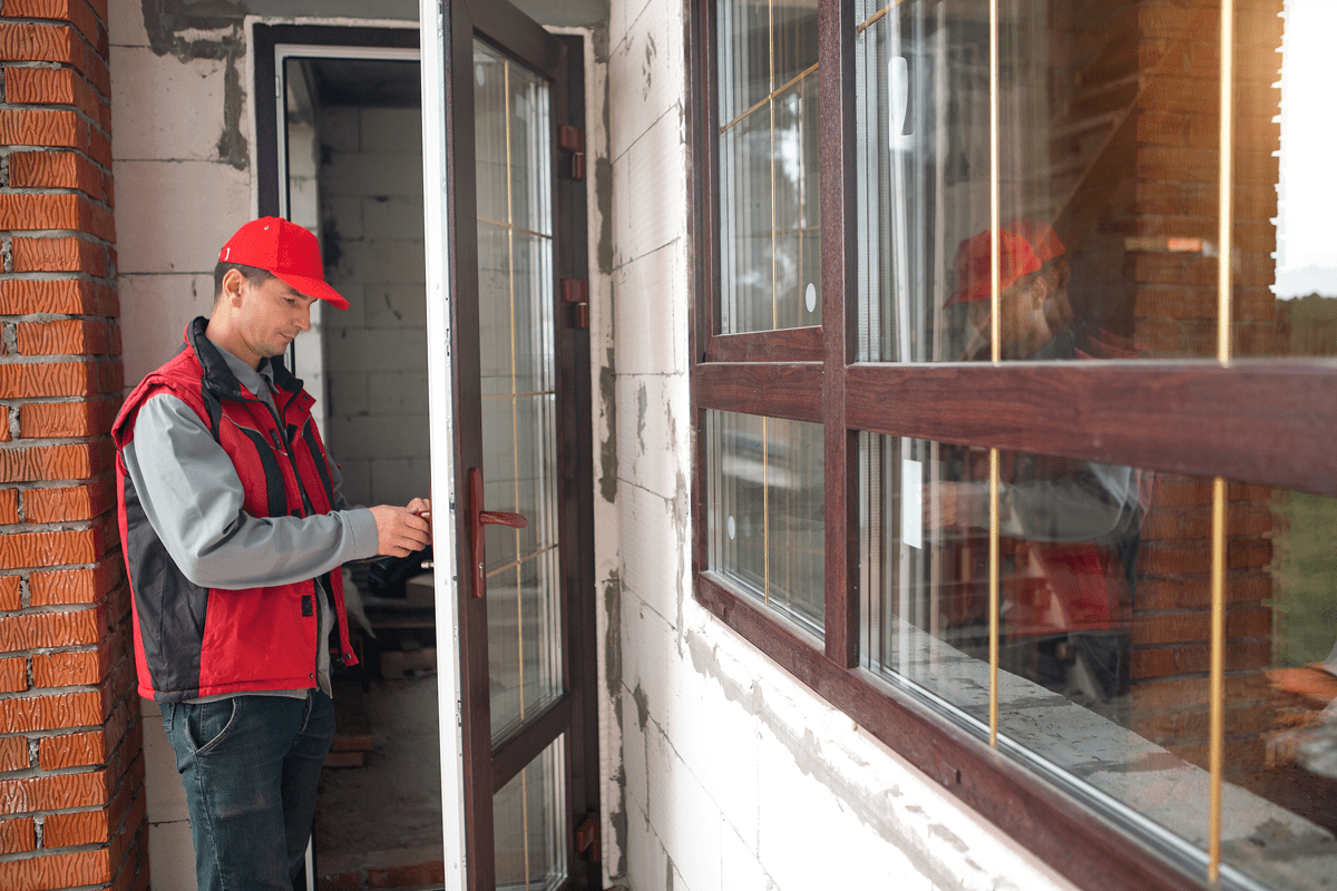 Person in red hat opening glass door.